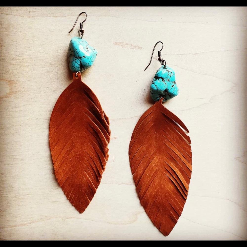 Tan suede feather earrings with turquoise detail